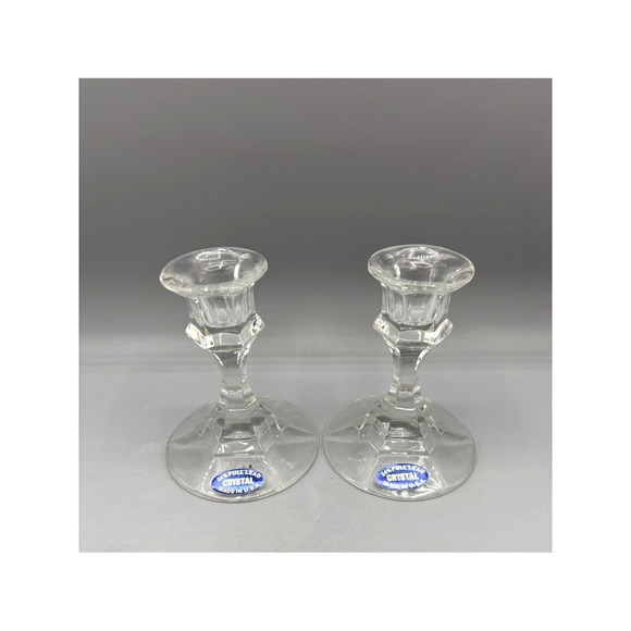 Vtg 24% Full Lead Crystal Candlestick Holders Pair Clear Glass USA Made Decor - Picture 1 of 5